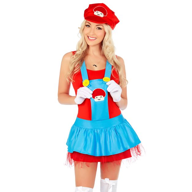 Adult red video game plumber dress with blue overall panel and character hat