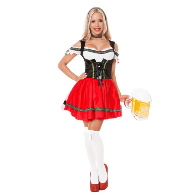 Womens red and black Oktoberfest beer maid costume with corset bodice and gathered skirt Womens red and black Oktoberfest beer maid costume with corset bodice and gathered skirt