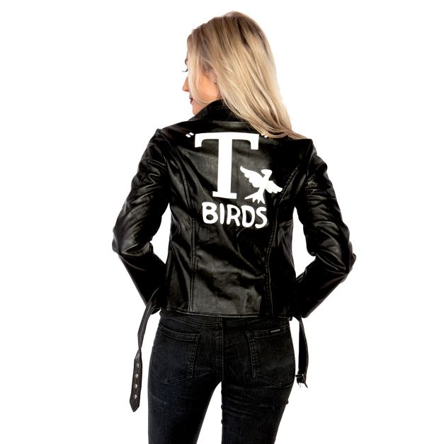 Womens 50s greaser jacket in black satin with white greaser gang back graphic Womens 50s greaser jacket in black satin with white greaser gang back graphic