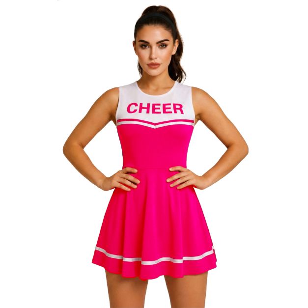 Adult hot pink cheerleader dress with white CHEER appliqué and pleated skirt Adult hot pink cheerleader dress with white CHEER appliqué and pleated skirt