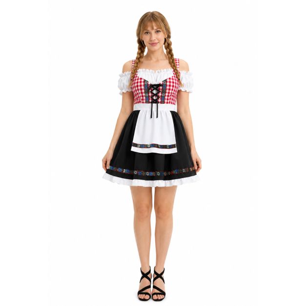 Woman wearing red Oktoberfest dirndl costume with red gingham bodice white apron and black skirt front view Woman wearing red Oktoberfest dirndl costume with red gingham bodice white apron and black skirt front view