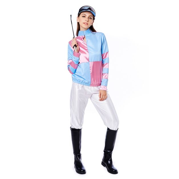Womens jockey costume with blue and pink racing silks jacket and white trousers Womens jockey costume with blue and pink racing silks jacket and white trousers