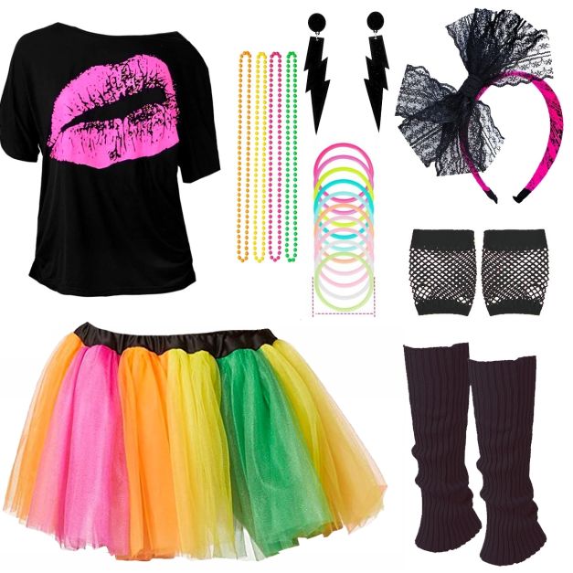 Ladies 80s costume set with rainbow neon tutu and black lip print tee Ladies 80s costume set with rainbow neon tutu and black lip print tee