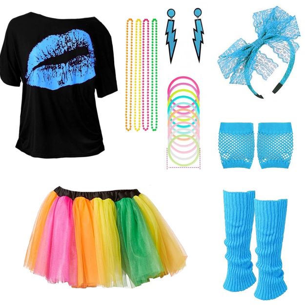Women's 1980s costume set with black lips tee, rainbow tutu and blue accessories on white background Women's 1980s costume set with black lips tee, rainbow tutu and blue accessories on white background