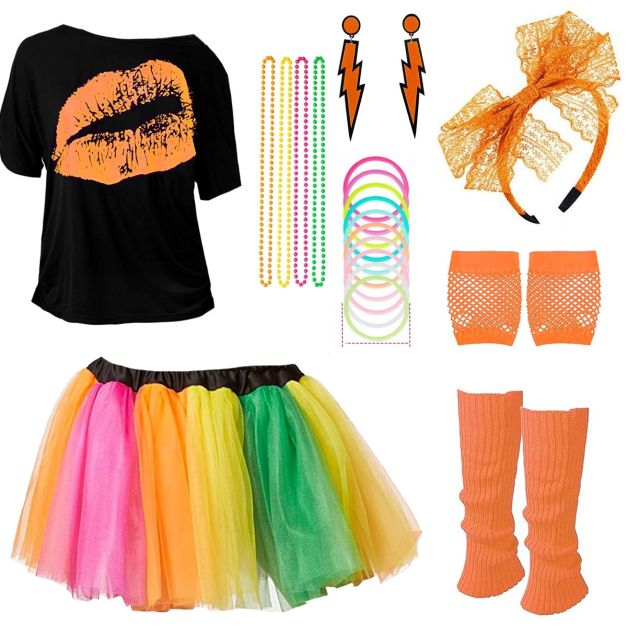 Womens 1980s costume set with orange lips t-shirt and rainbow tutu Womens 1980s costume set with orange lips t-shirt and rainbow tutu