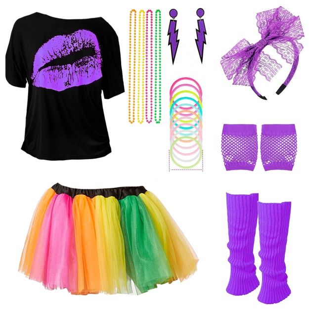 Ladies 1980s neon costume set with purple accessories and rainbow tutu on white background Ladies 1980s neon costume set with purple accessories and rainbow tutu on white background