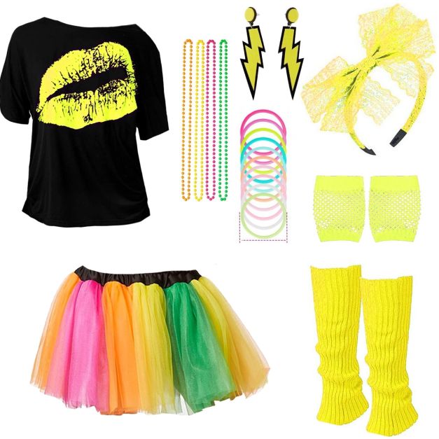 Womens 1980s neon costume set with rainbow tutu and yellow accessories laid flat Womens 1980s neon costume set with rainbow tutu and yellow accessories laid flat
