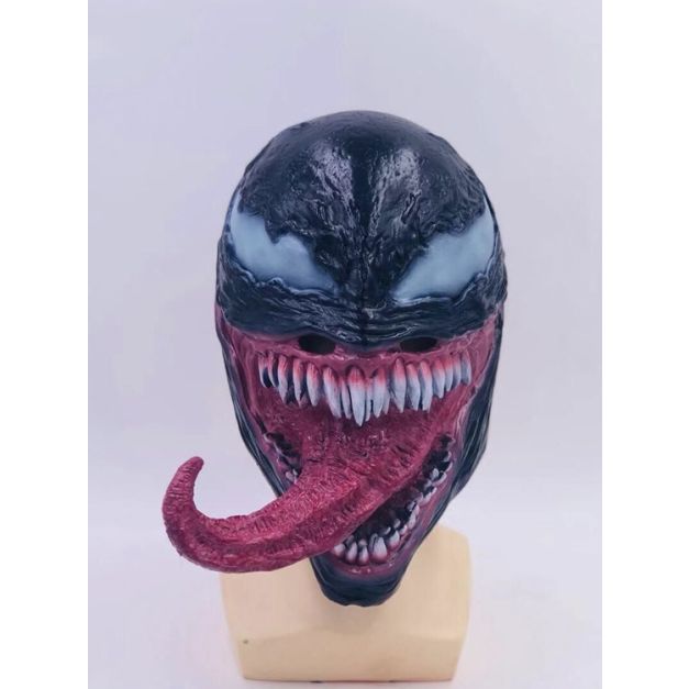 Adult symbiote anti-hero mask in glossy black latex with oversized mouth and white teeth Adult symbiote anti-hero mask in glossy black latex with oversized mouth and white teeth
