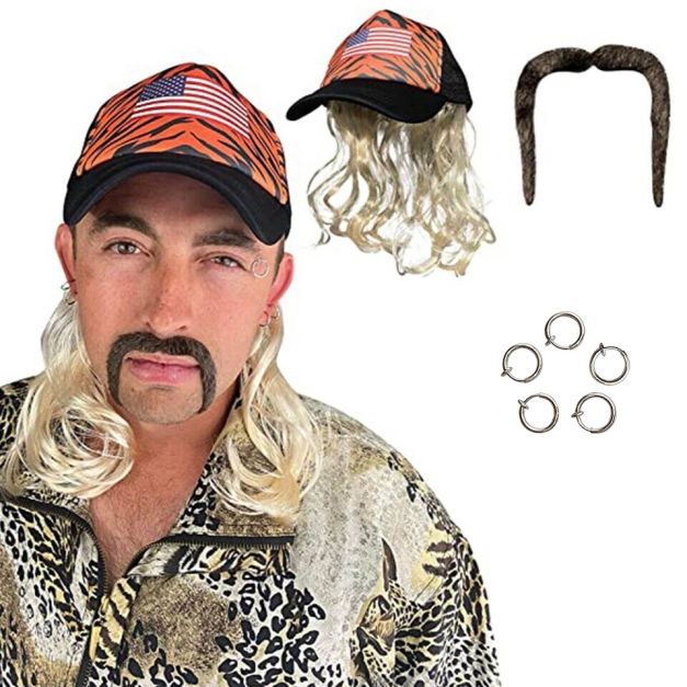 Tiger-stripe trucker cap with attached wavy blonde mullet wig, horseshoe moustache, and 5 gold-tone hoop earrings Tiger-stripe trucker cap with attached wavy blonde mullet wig, horseshoe moustache, and 5 gold-tone hoop earrings