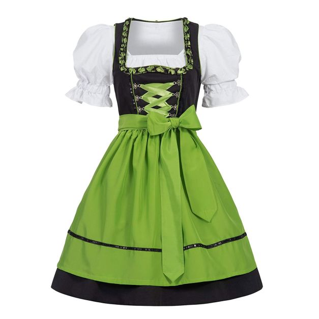 Black and lime green Bavarian dirndl costume with white puff-sleeve blouse Black and lime green Bavarian dirndl costume with white puff-sleeve blouse