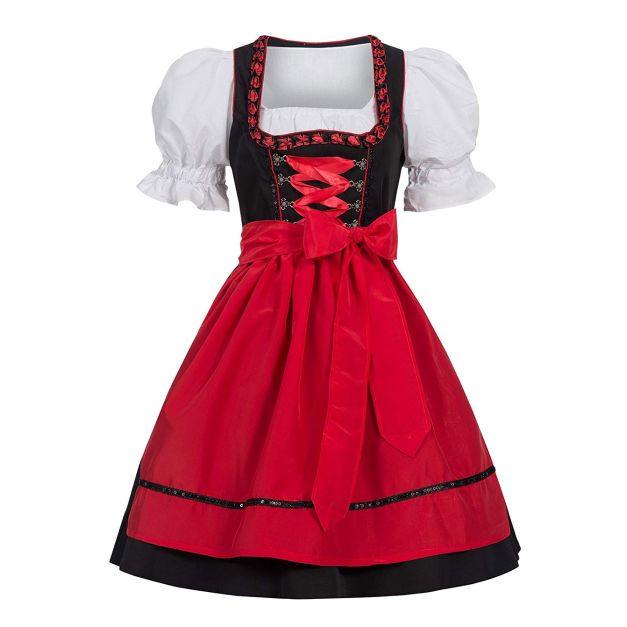 Women's black and red Bavarian dirndl costume with white puff-sleeve blouse Women's black and red Bavarian dirndl costume with white puff-sleeve blouse