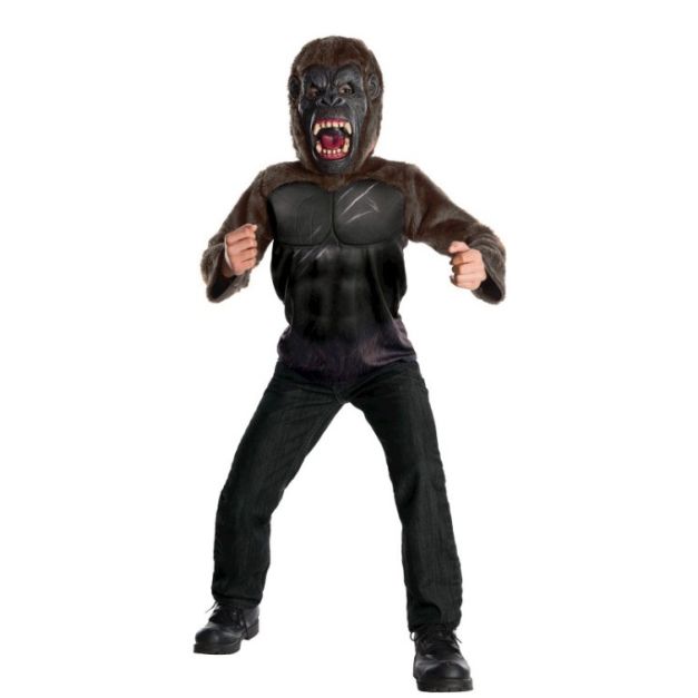 Kids gorilla costume set with brown fur sleeves and printed muscle chest Kids gorilla costume set with brown fur sleeves and printed muscle chest