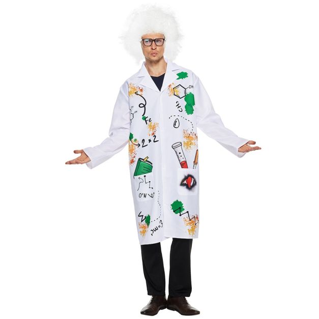 White lab coat with science formula prints and chemical spill graphics White lab coat with science formula prints and chemical spill graphics