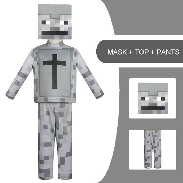 Back view of pixel skeleton costume showing continued blocky pattern design Back view of pixel skeleton costume showing continued blocky pattern design
