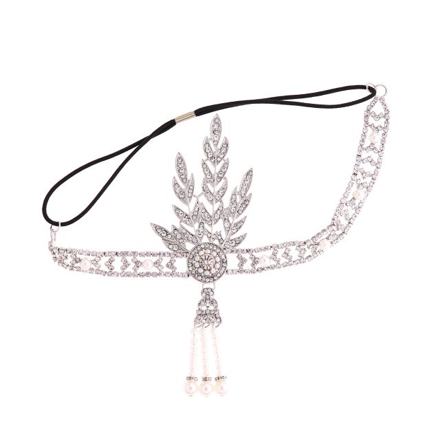 1920s Gatsby headpiece with three-strand pearl drop and adjustable elastic band 1920s Gatsby headpiece with three-strand pearl drop and adjustable elastic band
