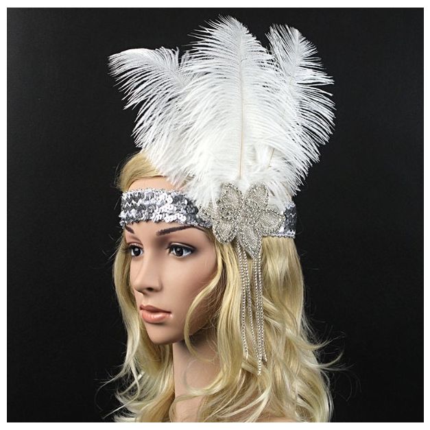 White feather headband with rhinestone beaded appliqué and silver chain fringe for Gatsby costume White feather headband with rhinestone beaded appliqué and silver chain fringe for Gatsby costume