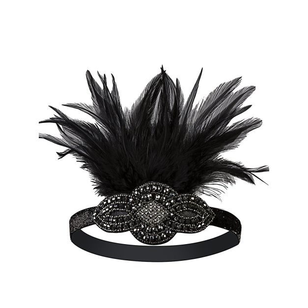 Black 1920s feather headband with Art Deco beaded centerpiece Black 1920s feather headband with Art Deco beaded centerpiece