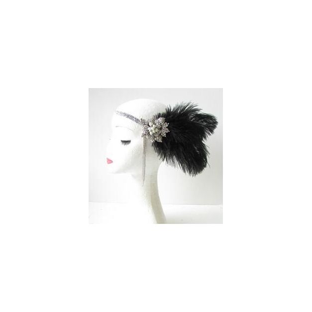 Black feather 1920s headband with Art Deco rhinestone brooch and pearl cluster Black feather 1920s headband with Art Deco rhinestone brooch and pearl cluster