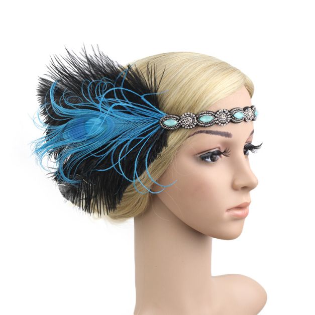 Blue and black feather fascinator on beaded elastic headband with rhinestone embellishments for 1920s flapper costume Blue and black feather fascinator on beaded elastic headband with rhinestone embellishments for 1920s flapper costume