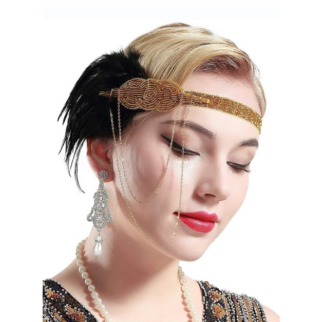 Great Gatsby headpiece showing Art Deco beaded detail and elasticized gold band Great Gatsby headpiece showing Art Deco beaded detail and elasticized gold band
