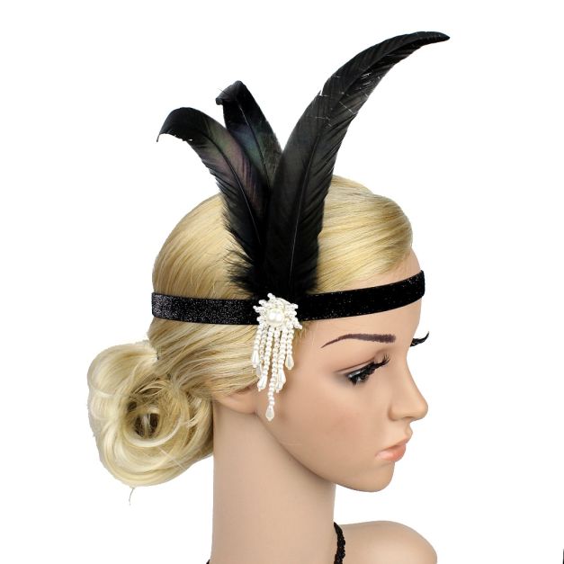 Women's Black Feather Flapper Headband with Pearl 1920s Great Gatsby - alternate view 6 Women's Black Feather Flapper Headband with Pearl 1920s Great Gatsby - alternate view 6
