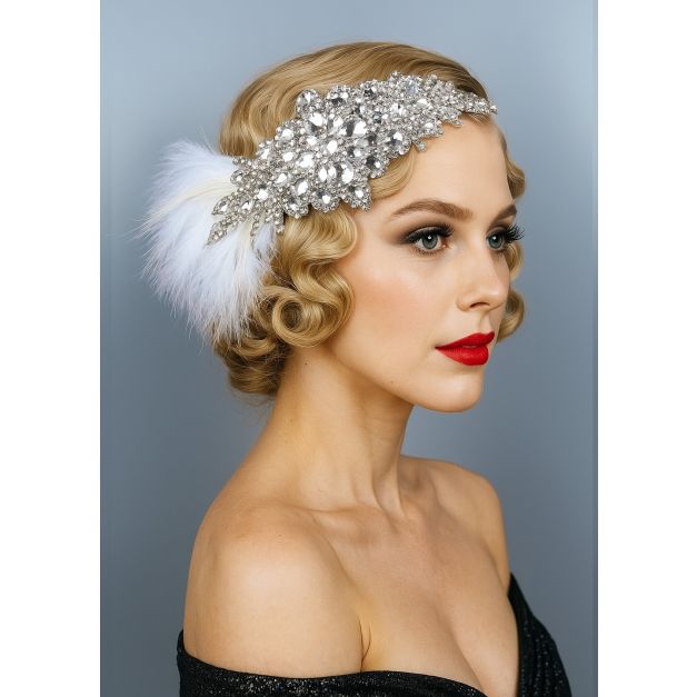 Silver rhinestone 1920s flapper headband with white feather pom accent Silver rhinestone 1920s flapper headband with white feather pom accent