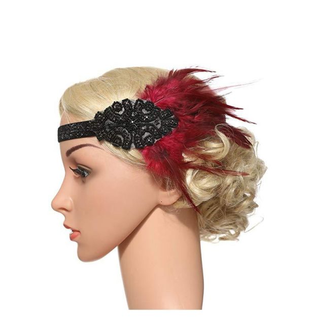 Adult 1920s flapper headband with burgundy feather plume and beaded Art Deco centerpiece on black elastic band Adult 1920s flapper headband with burgundy feather plume and beaded Art Deco centerpiece on black elastic band