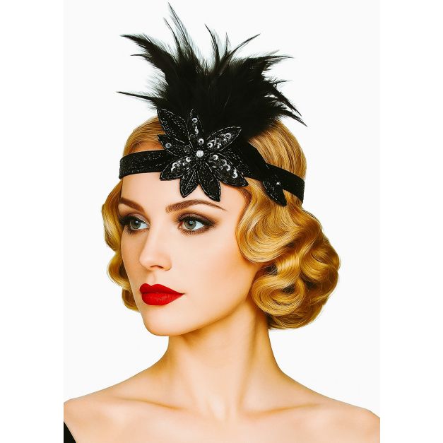 Black sequined flapper headband with large flower and feather plume worn across forehead Black sequined flapper headband with large flower and feather plume worn across forehead