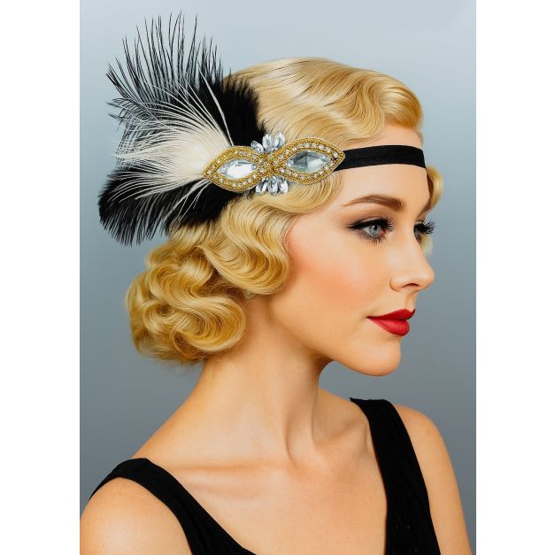 1920s flapper headband with black ostrich feather and gold Art Deco crystal centerpiece