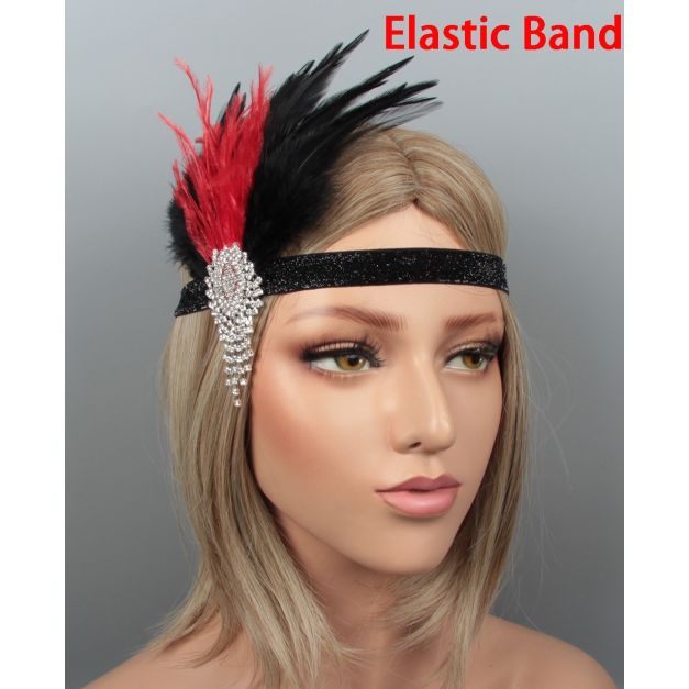 Black sparkle elastic headband with dramatic red and black rooster feathers worn across forehead in Gatsby style Black sparkle elastic headband with dramatic red and black rooster feathers worn across forehead in Gatsby style