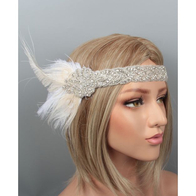 Adult white feather flapper headband with rhinestone Art Deco band and organza ribbon ties Adult white feather flapper headband with rhinestone Art Deco band and organza ribbon ties