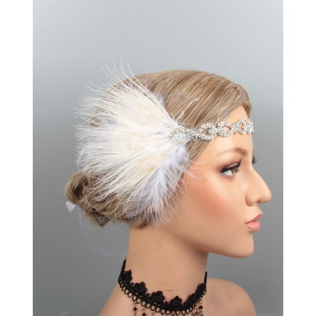 Great Gatsby headband close-up showing rhinestone appliqué and feather detail Great Gatsby headband close-up showing rhinestone appliqué and feather detail