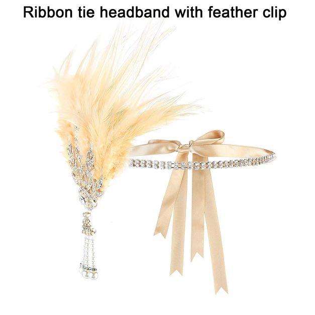 Adult 1920s Flapper Headband Champagne Gold Feather Crystal Pearl - alternate view 8 Adult 1920s Flapper Headband Champagne Gold Feather Crystal Pearl - alternate view 8