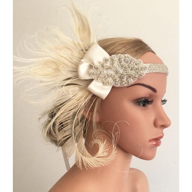 Art deco flapper headpiece showing elastic band and satin ribbon ties Art deco flapper headpiece showing elastic band and satin ribbon ties