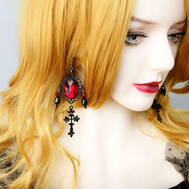 Victorian Gothic cross pendant earrings with faceted red stone and black beads Victorian Gothic cross pendant earrings with faceted red stone and black beads
