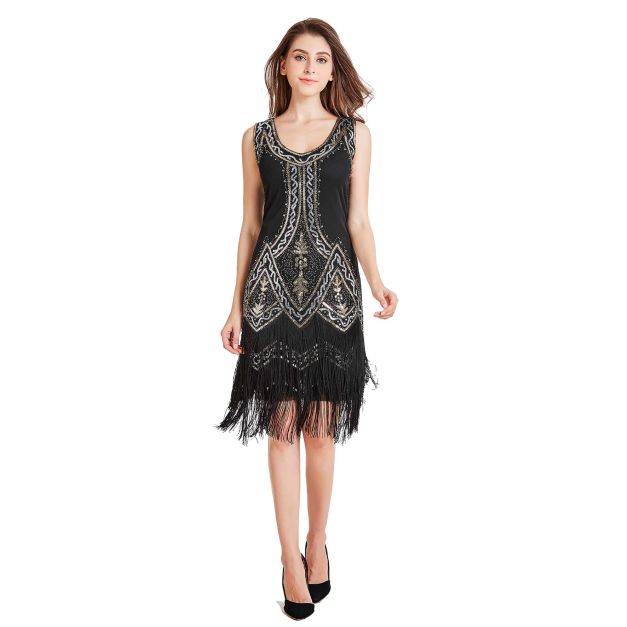 Adult women's black sequin flapper dress with Art Deco beadwork and tiered fringe hem for 1920s Gatsby parties Adult women's black sequin flapper dress with Art Deco beadwork and tiered fringe hem for 1920s Gatsby parties