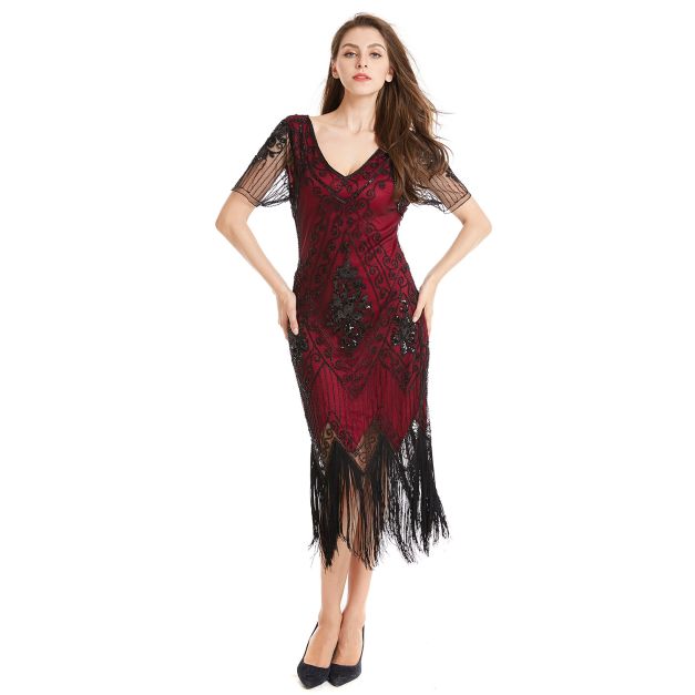 Burgundy 1920s flapper dress with black sequin beadwork and rope fringe hem Burgundy 1920s flapper dress with black sequin beadwork and rope fringe hem