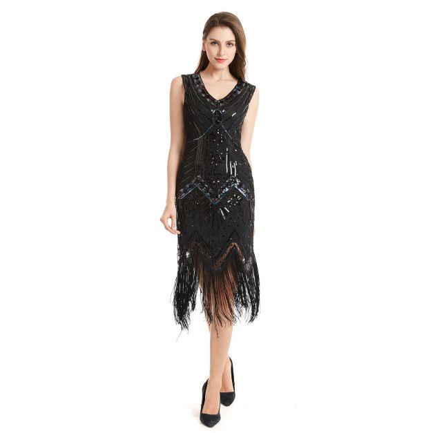 Womens 1920s Flapper Dress Black Sequin Fringe Gatsby Costume - alternate view 5 Womens 1920s Flapper Dress Black Sequin Fringe Gatsby Costume - alternate view 5