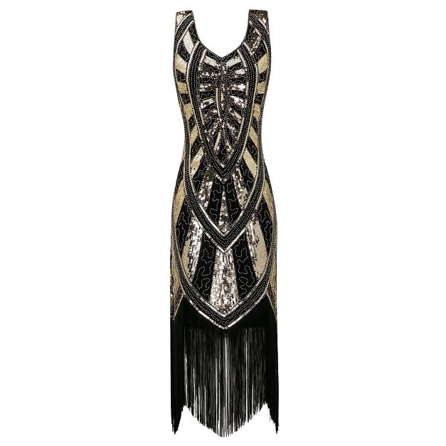 Womens 1920s black sequined flapper dress with gold and silver Art Deco pattern and long fringe hem Womens 1920s black sequined flapper dress with gold and silver Art Deco pattern and long fringe hem