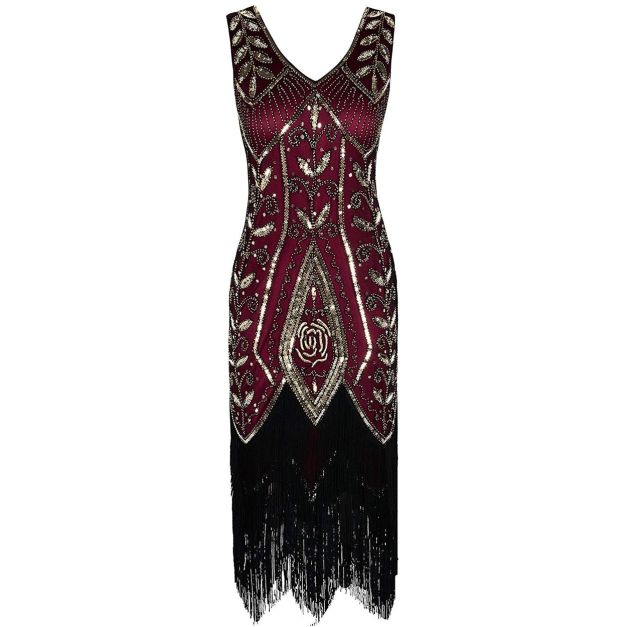 Burgundy sequined 1920s flapper dress with black tassel fringe hem and Art Deco beadwork Burgundy sequined 1920s flapper dress with black tassel fringe hem and Art Deco beadwork