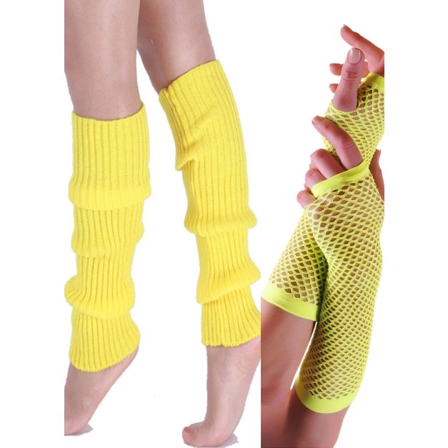 Adult wearing neon yellow fishnet gloves and ribbed leg warmers set Adult wearing neon yellow fishnet gloves and ribbed leg warmers set