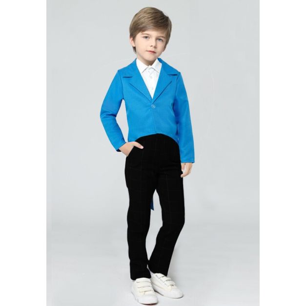 Kids blue tailcoat jacket with extended back tails and notched lapels Kids blue tailcoat jacket with extended back tails and notched lapels