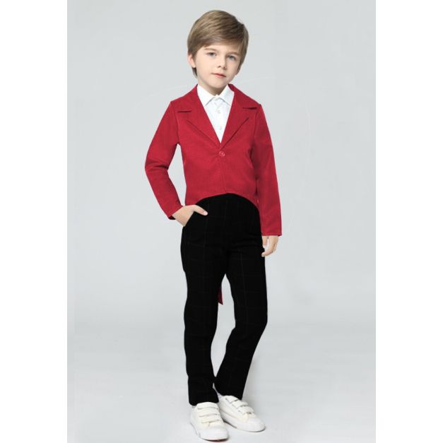 Kids red ringmaster tailcoat jacket with peaked lapels and extended tails Kids red ringmaster tailcoat jacket with peaked lapels and extended tails