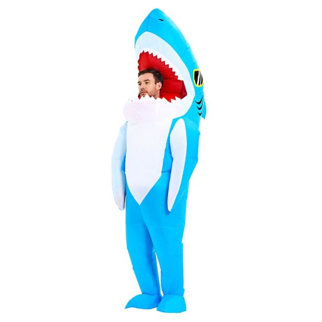 Adult inflatable shark attack costume front view with turquoise body and red mouth opening Adult inflatable shark attack costume front view with turquoise body and red mouth opening