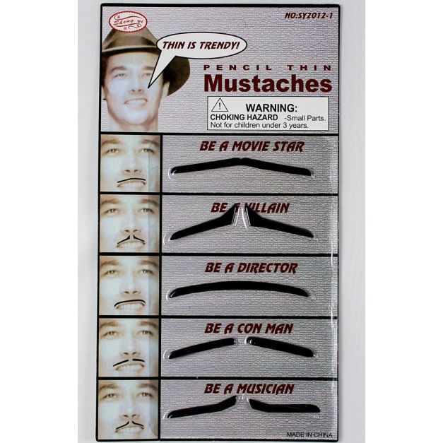 Adult fake moustache set with five pencil-thin self-adhesive styles on white background Adult fake moustache set with five pencil-thin self-adhesive styles on white background