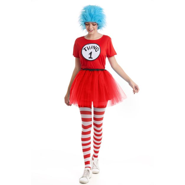 Womens red literary costume with blue spiky wig and striped tights Womens red literary costume with blue spiky wig and striped tights