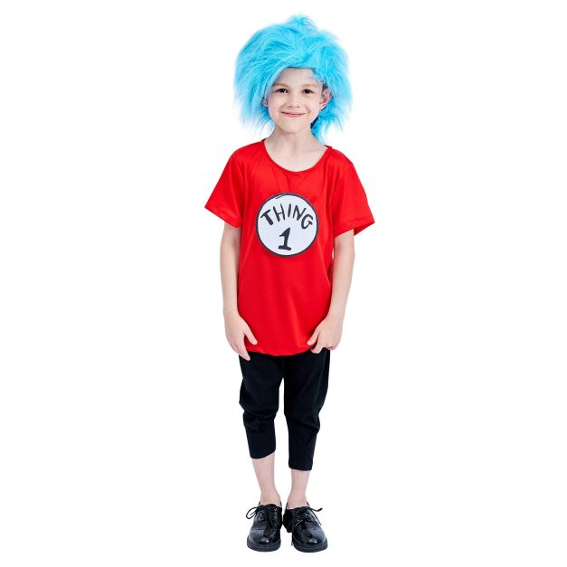 Kids storybook twin costume with red shirt turquoise blue wig and numbered labels