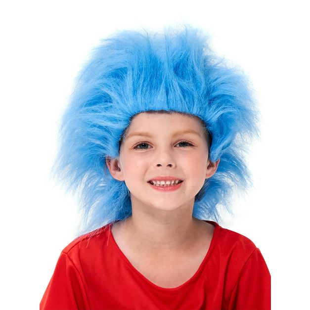 Kids blue storybook wig with wild spiky all-direction hair style Kids blue storybook wig with wild spiky all-direction hair style