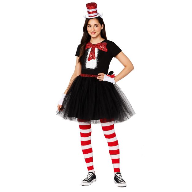 Adult womens black tutu costume with red and white striped leggings and mini top hat