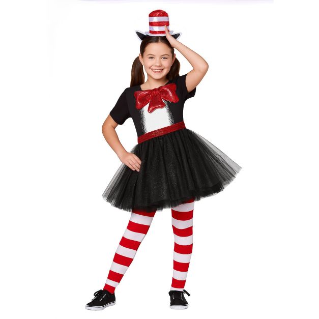 Girls storybook cat tutu costume with red and white striped hat and cat ears
